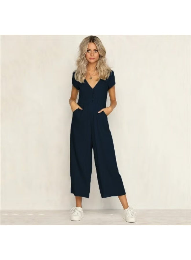 Barbora Linen Daily Summer V-Neck Short Leg Design Women's Jumpsuit LN1010LACIVERT9 - Image 3